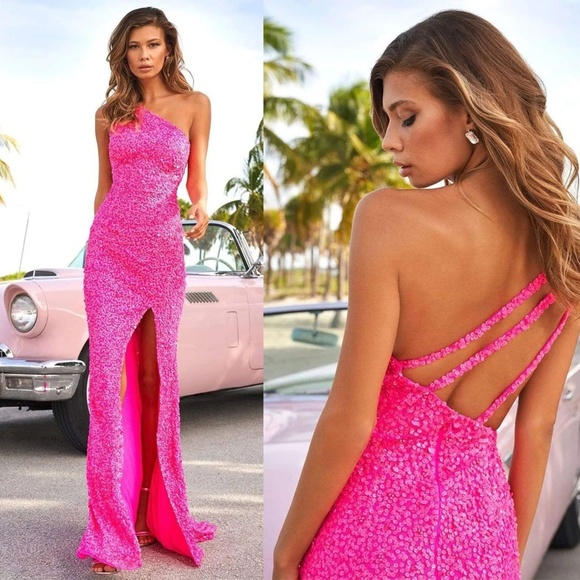 Sherri Hill Dresses & Skirts - SHERRI HILL | 54330 One Shoulder High Slit Sequin Dress in Neon Pink | Size 0